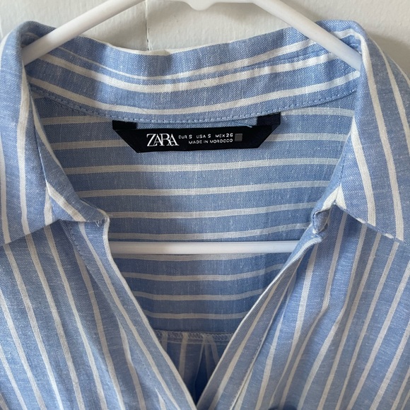Zara women’s Blue Dress belted, long sleeve White stripe long Dress shirt Small - Picture 4 of 9